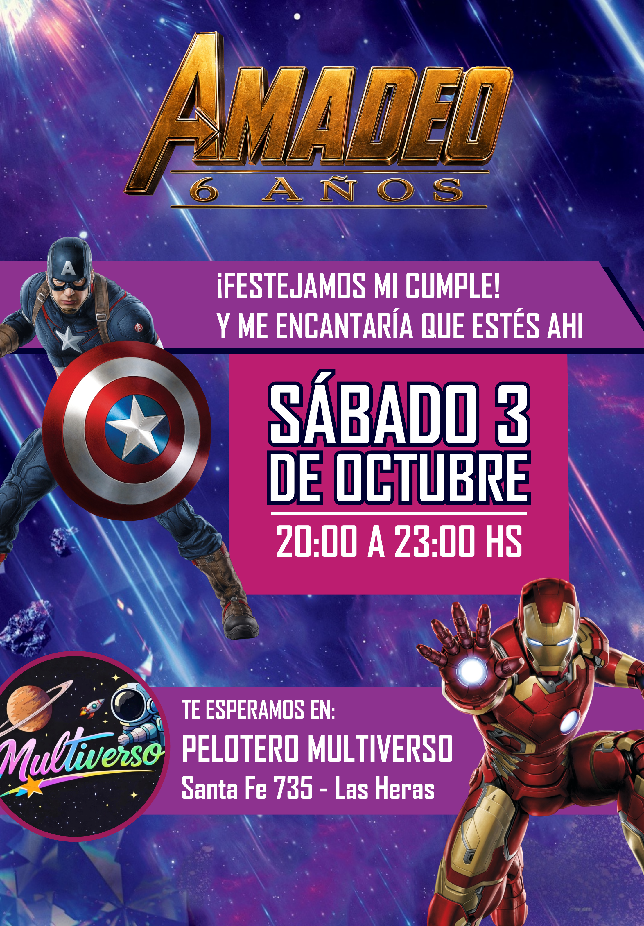 Invitación al cumpleaños de Amadeo: sábado 3 de octubre, de 20 a 23 horas, en Pelotero Multiverso, Santa Fe 735, Las Heras.